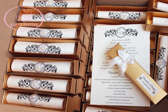 HI2052-39 Golden Scroll Invitation Card with Rhinestone Brooch