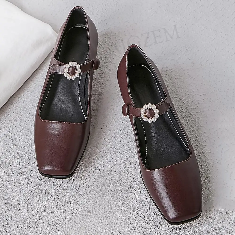 LAIGZEM Vintage Mary Janes Heels Pumps Low Chunky Real LEATHER Zapatillas Zapatos Mujer Shoes Woman 2020 Large Size 39 43 | Обувь