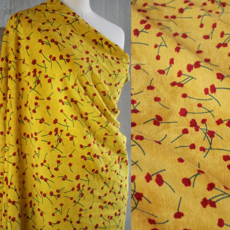Половина метра желтая нижняя часть с красным цветком хлопок вельвет ткань для осень зима платье рубашка пальто Брюки материал T949