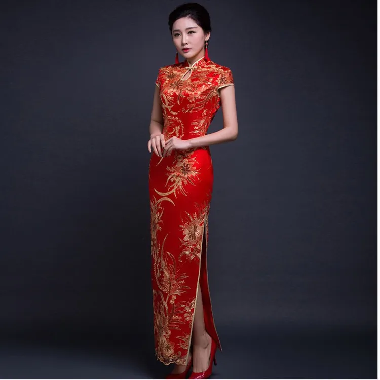 Винтажное женское Цветочное платье Ципао с блестками Vestidos, тонкое атласное платье Ципао в китайском стиле, свадебное платье для невесты, большие размеры, платье для сцены