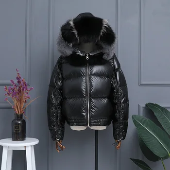

Real Fur Hooded Down Jacket Coat Women Thick Bubble Warm Sliver Black Shiny Korean Glossy Pink Women Winter Down Jacket Coat