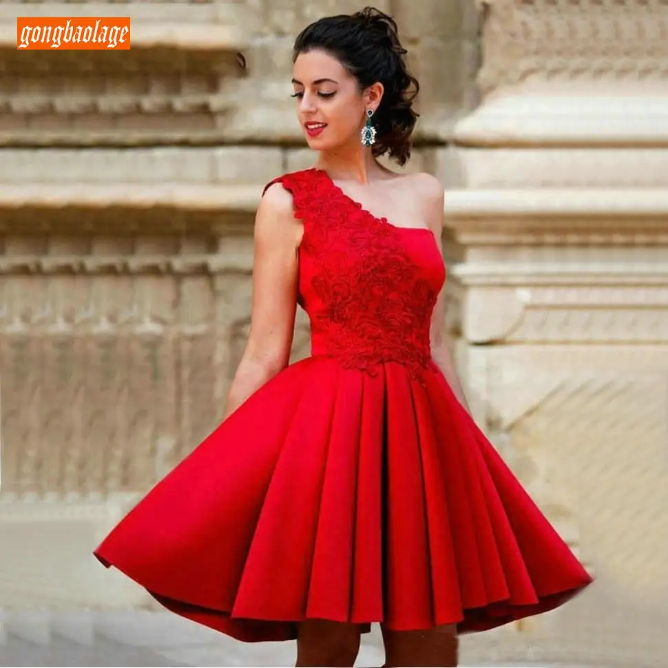 

Red One Shloulder Prom Dresses Lace Applique vestidos de gala Knee Length Short Prom Gowns Beach Custom Made Homecoming Dress