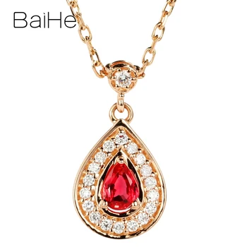 شراءBAIHE الصلبة 18K الذهب الأصفر 0.12ct الطبيعية روبي المرأة هدية الزفاف العصرية الجميلة مجوهرات قطرة الماء روبي قلادة الماس القلائد