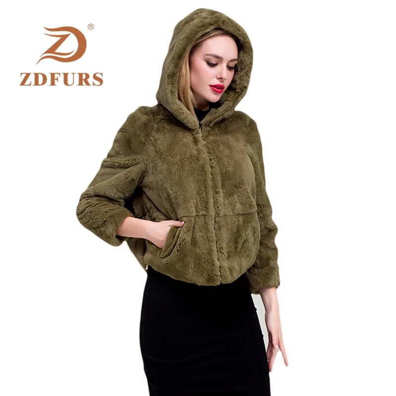 ZDFURS* натуральный настоящий мех кролика пальто одежда женская зимняя с капюшоном короткая куртка с длинным рукавом верхняя одежда пальто большой размер