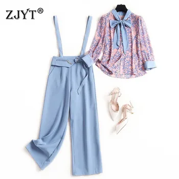 

Young Style Fashion Spring Lady Pants 2Piece Set Women 2020 Designers Bow Collar Letters Print Chiffon blouse and Pants OL Sets