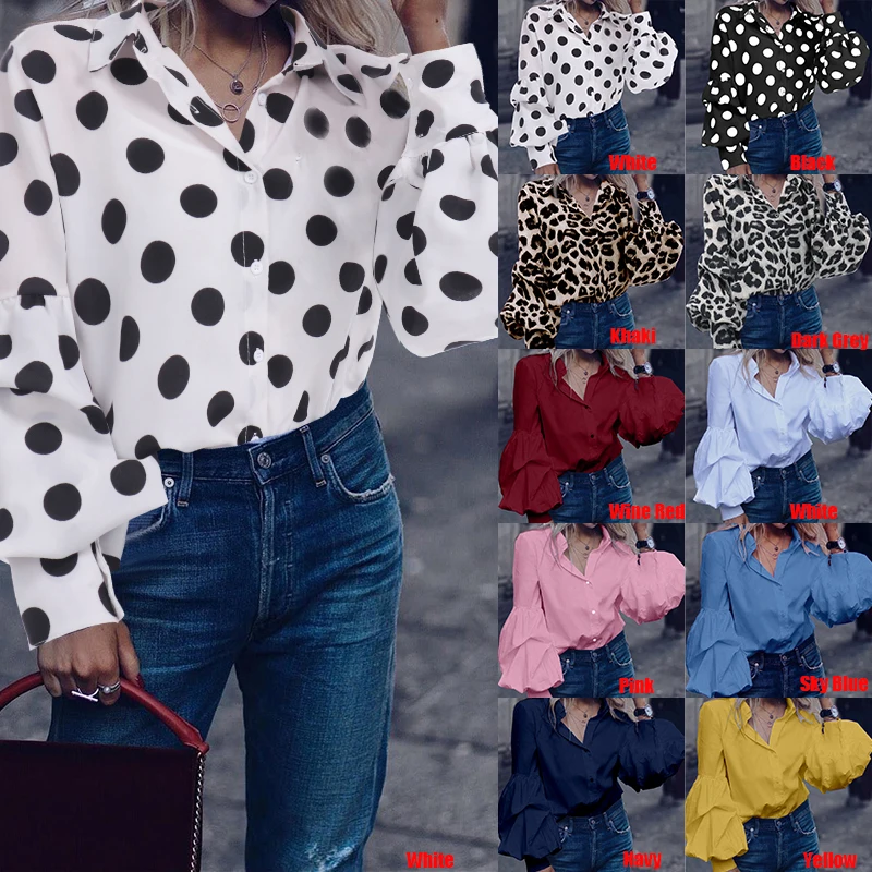 Skup Moda z najwyższej półki 2019 Celmia kobiety długi rękaw bufka bluzki koszule klapy przyciski dorywczo luźne stałe strona pracy Blusas Mujer Plus rozmiar