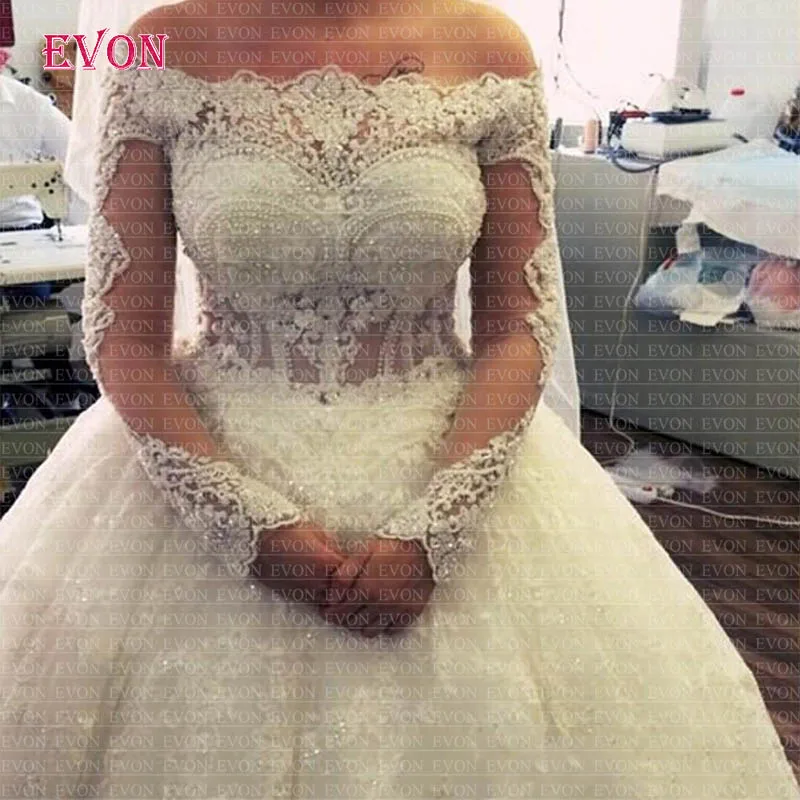 Robe De Mariee Роскошные бальные Свадебные платья с длинными рукавами и вырезом лодочкой кружевное платье с жемчугом Свадебные платья Vestido De Noiva