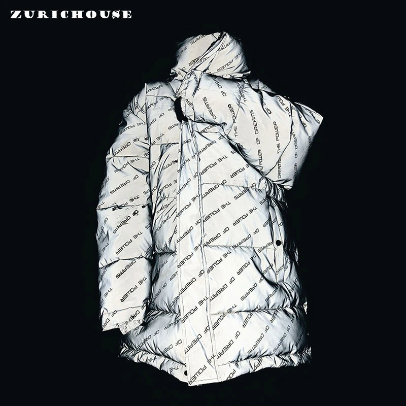 

ZURICHOUSE Oversized Reflective Jacket Woman Winter Coat 2019 Fashion Plus Size Loose Gray Letter-print Shiny Women's Parkas