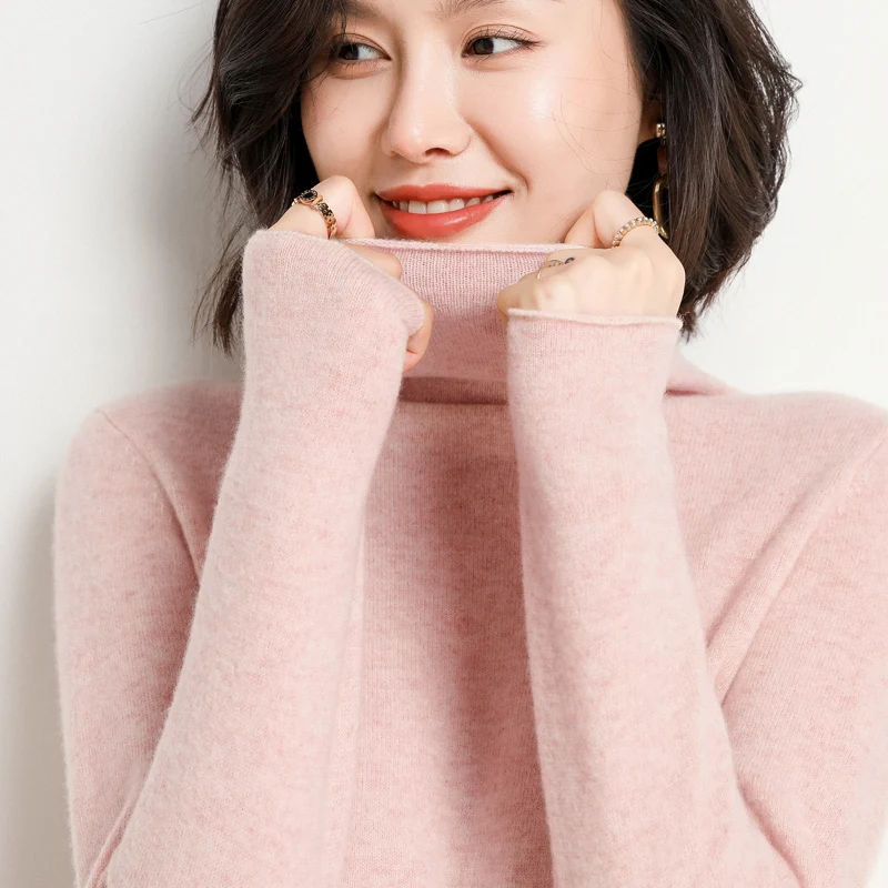 

YUHANRONG Autumn and winter new pile neck close fitting cashmere women's loose and thin short turtleneck sweater