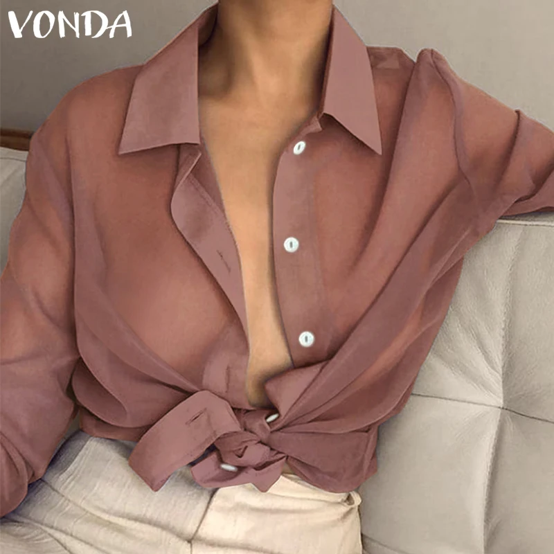 Женская прозрачная блузка VONDA с длинными рукавами и отложным воротником размера