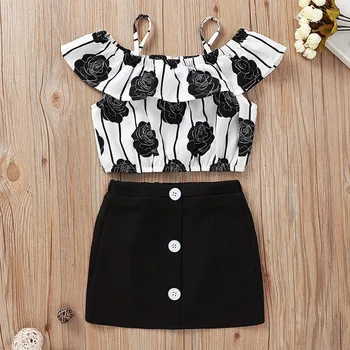 

2020 Summer Children Sets Casual Strap Ruffles Print Black Rose Tops Black Solid Button Skirt 2Pcs Girls Clothes Sets 6M-5T