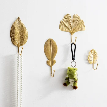 

Metal Golden Leaf Shape Wall Hanging Hook Keys Scarf Clothes Bag No-punch Decorative Wall Hanger Purse Hook Home Coat Organizer