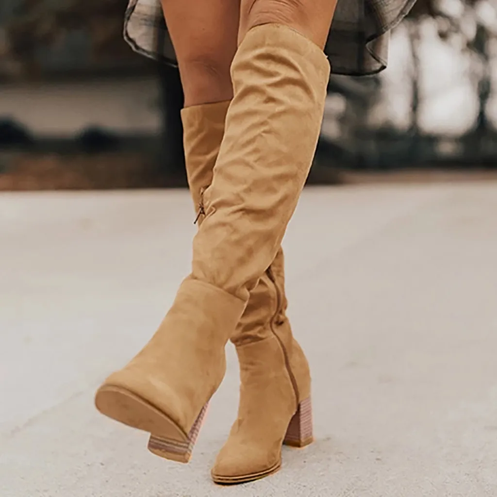 

WoMen Rome Elegant Long Boots Solid Color Large Size Zipper Chunky High Heels Knee-high Boots Shoes Woman Brown Warmer Boots