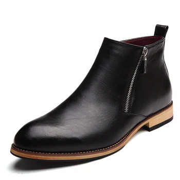 

Genuine Leather Chelsea Boots Men Ankle Business Men Boots Zipper Men Leather Dress Shoes Autumn Winter Pointed Wood Sole Rubber