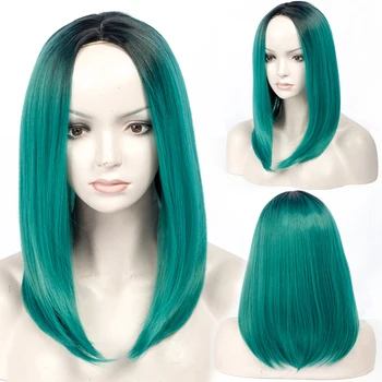 

SHUOHAN 45cm Synthetic Straight Wig For Women BOB Ombre Black Green Heat Resistant Fiber High Temperature Cosplay Medium SX169