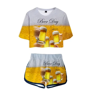 

Beer day 3D New Clothes swomen Print Summer sexy Two Pieces sets Women shorts and crop tops 2019 Cool Hot Sale suit plus xxl