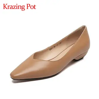 

Krazing pot 2020 new solid genuine leather small square toe low heels cozy simple wild European style slip on spring pumps L32