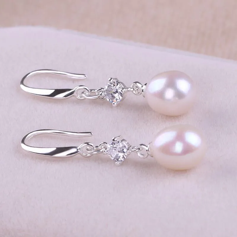 8/10/12mm cultured natural freshwater drop pearl earrings with sterling silver dangling,pearl jewelry for women