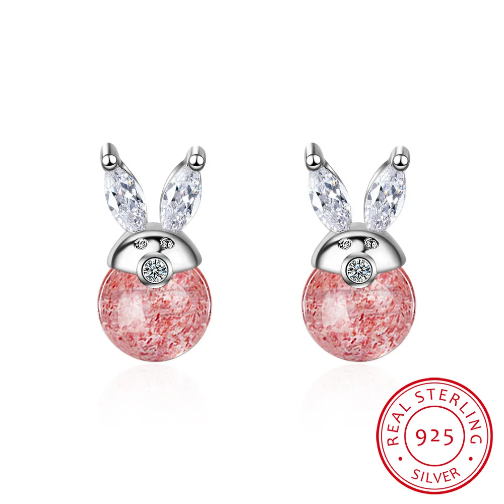 

Cute Bunny Animal 925 Sterling Silver Jewelry Personality Rabbit Ear Strawberry Crystal Stud Earrings Gift Lover For Women Cute