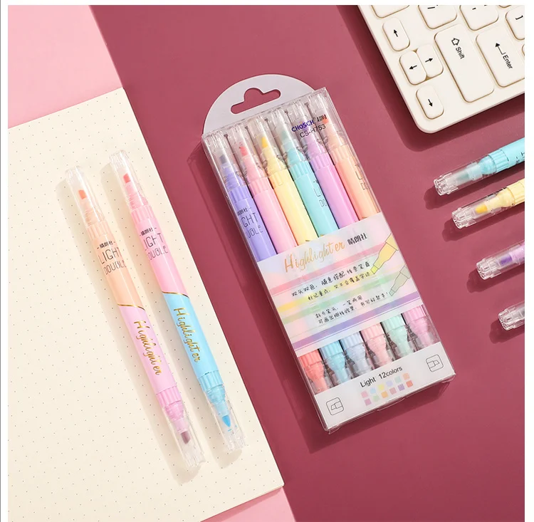 6Pcs/set Double-headed 12color Highlighter Pen - 20 - Kawaii Mix