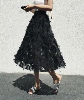 

2020 Feather Tassels Skirts Womens High Waist A-line Skirt Chiffon Sheer Tulle Pleated Long Skirts Party Spring Summer Clothes