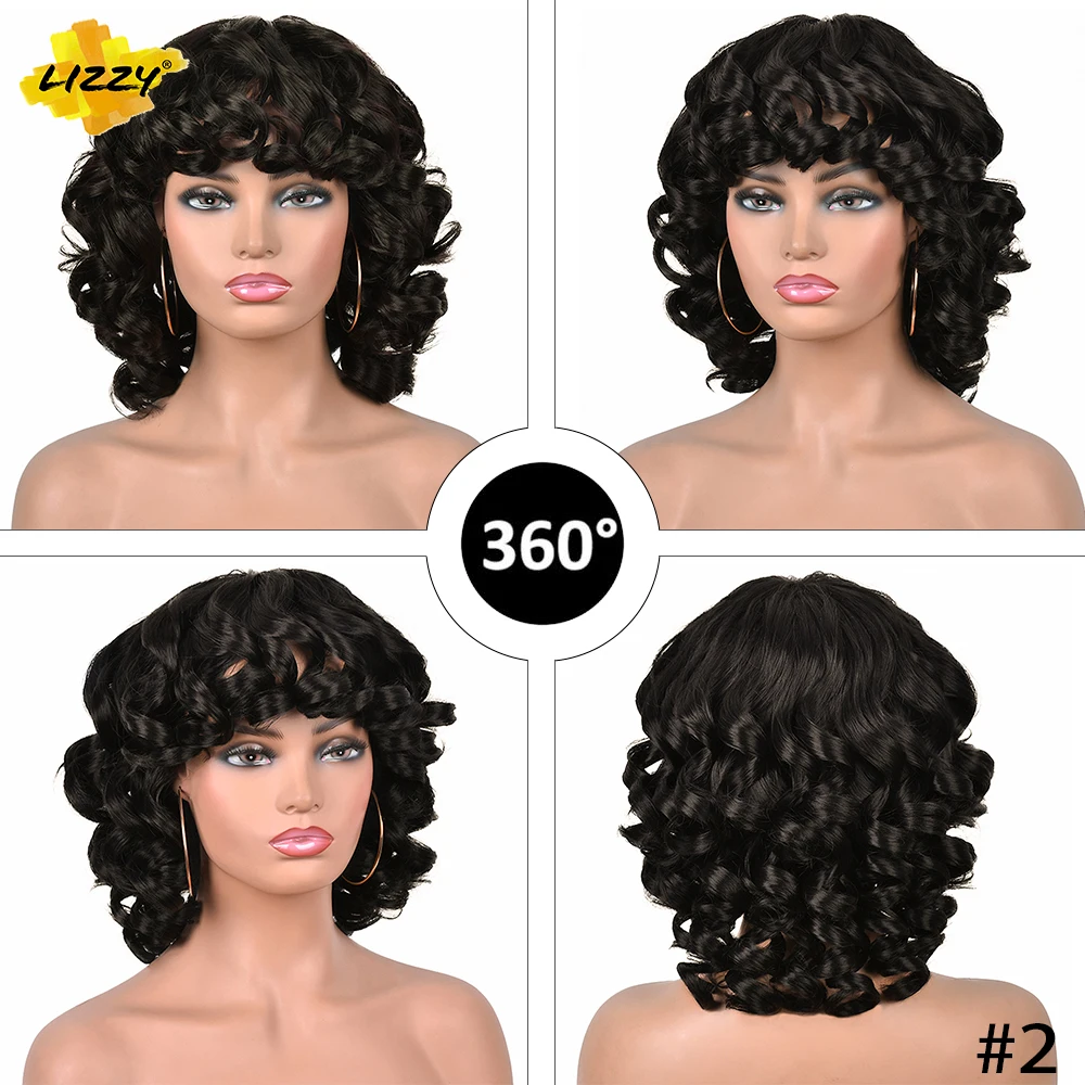 Short Hair Afro Curly Wig With Bangs Loose Synthetic Cosplay Fluffy Shoulder Length Natural Wigs For Black Women Dark Brown 14