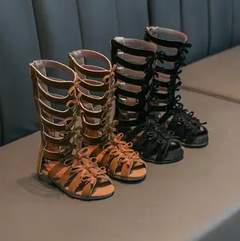 

Girls Gladiator Sandals Boots Scrub Leather Summer Brown Black High-top Fashion Kid Sandals Toddler Baby Shoes Size 26-35