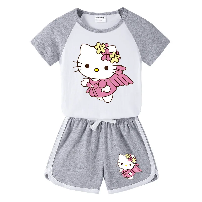 thumbnail image 1 of Traje deportivo informal de Hello Kitty, novedad de verano, pantalones calientes de dibujos animados para niñas, traje superior cómodo de algodón de dos piezas de manga corta para bebé, 1 of 5