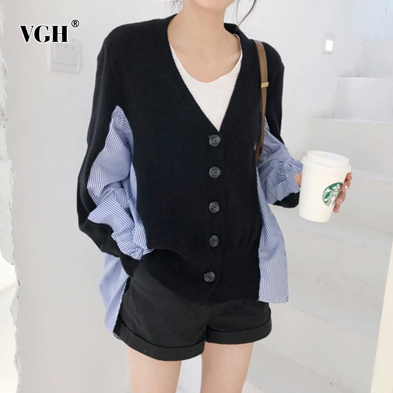 Женский полосатый свитер VGH элегантный свободный Трикотажный с V-образным