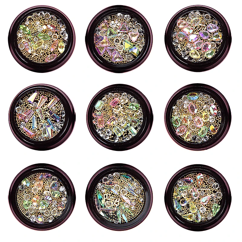 

9-Styles Nail Jewelry Rhinestone AB Multi-color Mix-size 1pcs Jewelry Metal Frame Beads Nail Tips Art Accessory Decor 3D Jewelry