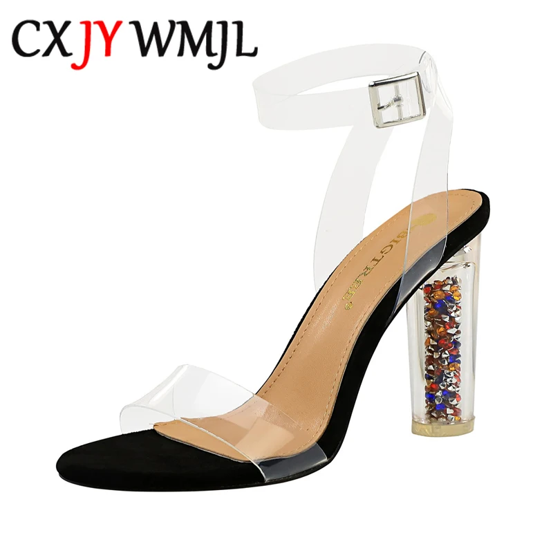 

Big Size Crystal Design Women Round High Heel Sandals 9 Color Transparent PU Dress Party High Heels Summer Wedding Career Sandal