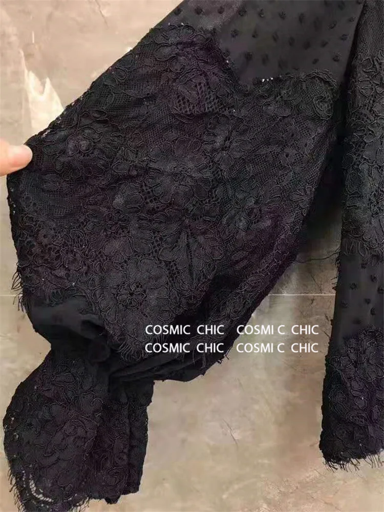 Cosmicchic вышивка кружева Женские топы и блузка в горошек рубашка с рюшами отделка стоячий воротник длинный фонарь рукав блузки в богемном стиле
