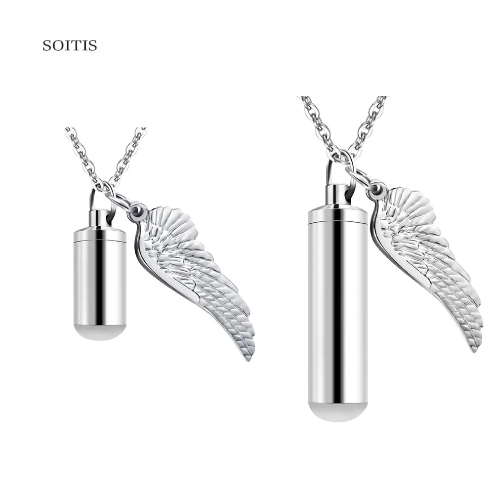 SOITIS Big Angel Wing Decorative Clyinder Shaped Cremation Pendant Urn Necklace Stainless Steel Perfume Box Keepsake Gift | Украшения и