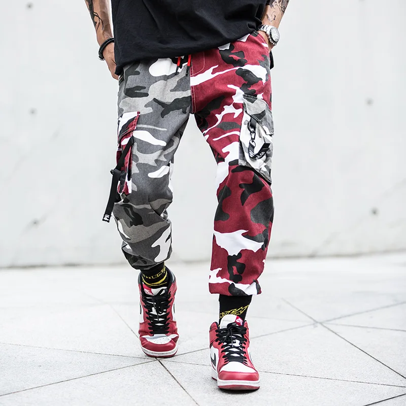 Городские хип-хоп брюки карго мужские модные джоггеры Брюки камуфляжные штаны Harajuku уличная сторона карманы брюки фестончатая лента шаровары