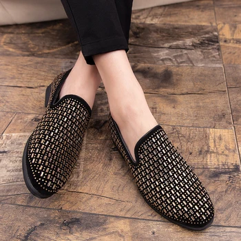 

2020 Men's Rhinestones Dress Shoes Fashion Party Flats Classic Italian Style Men Formal Shoes Nightclub Wedding Casual Loafers