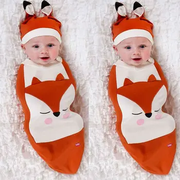 

Newborn Kids Clothes Cute Cartoon Fox Print Sleeping Bag Infant Toddlers Warm Blanket Swaddle Wrap with Hat Orange Cotton Outfit