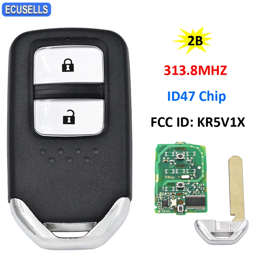 2 Button Smart Remote Car Key 313.8Mhz ID47 Chip for Honda Fit City Jazz Shuttle Vezel FCC: KR5V1X 72147-T5A-J01 / 72147-T5C-J01 |