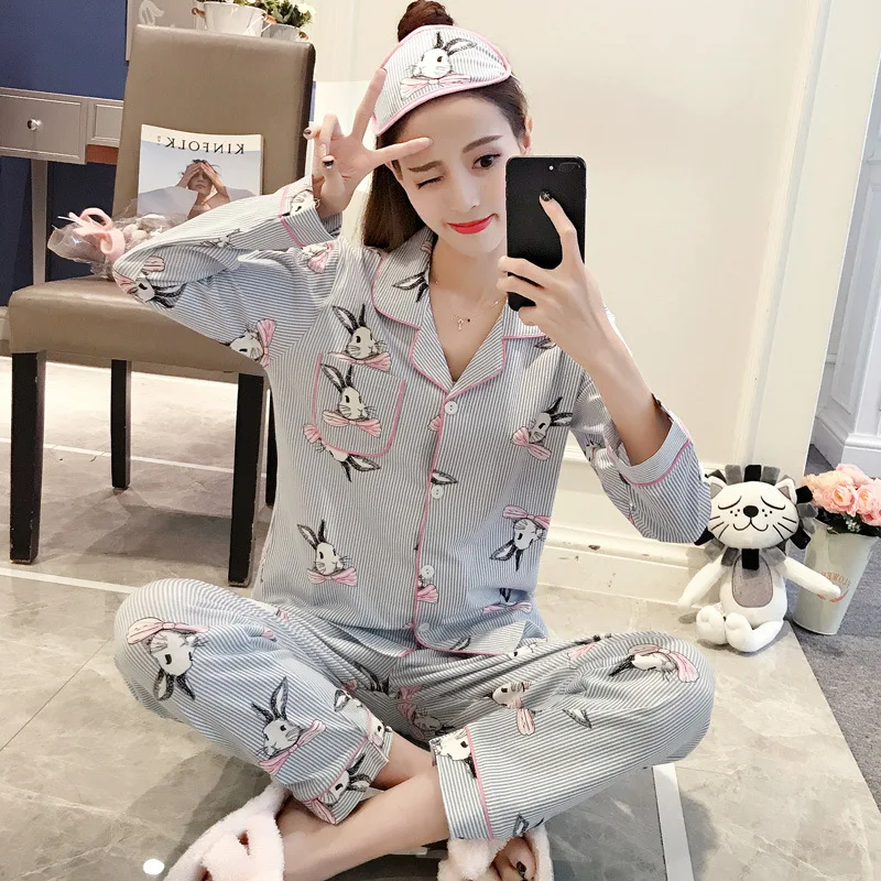

Pajamas Women's Spring And Autumn Korean-style Long-sleeved Cardigan Fold-down Collar Cute Cartoon Casual Loose-Fit Sweet Homewe