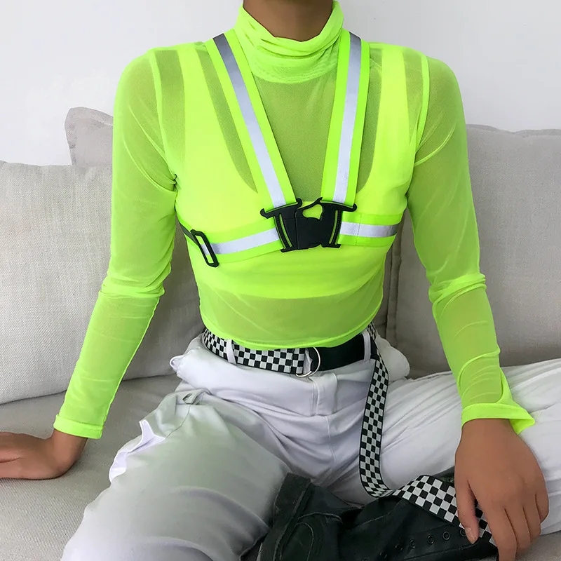

2019 Women Sexy Transparent Mesh Turtleneck T Shirts Neon Green Navel Bare Cropped Tops Tees With Shoulder Strap Girls Outfits