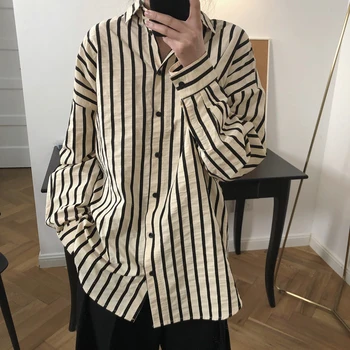 

Women's Autumn Fashion Retro Striped Shirt Lapel Loose Slouchy High Quality Cotton Top Women Medium Length Neutral Casual Shirt