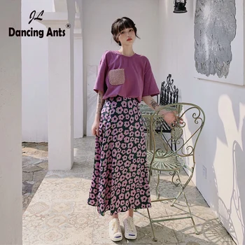 

Spring Summer Women Two Piece Sets Short Sleeved T-shirts + High Waist Floral-Printed Skirts 2 Piece Sets Female Vintage Suits