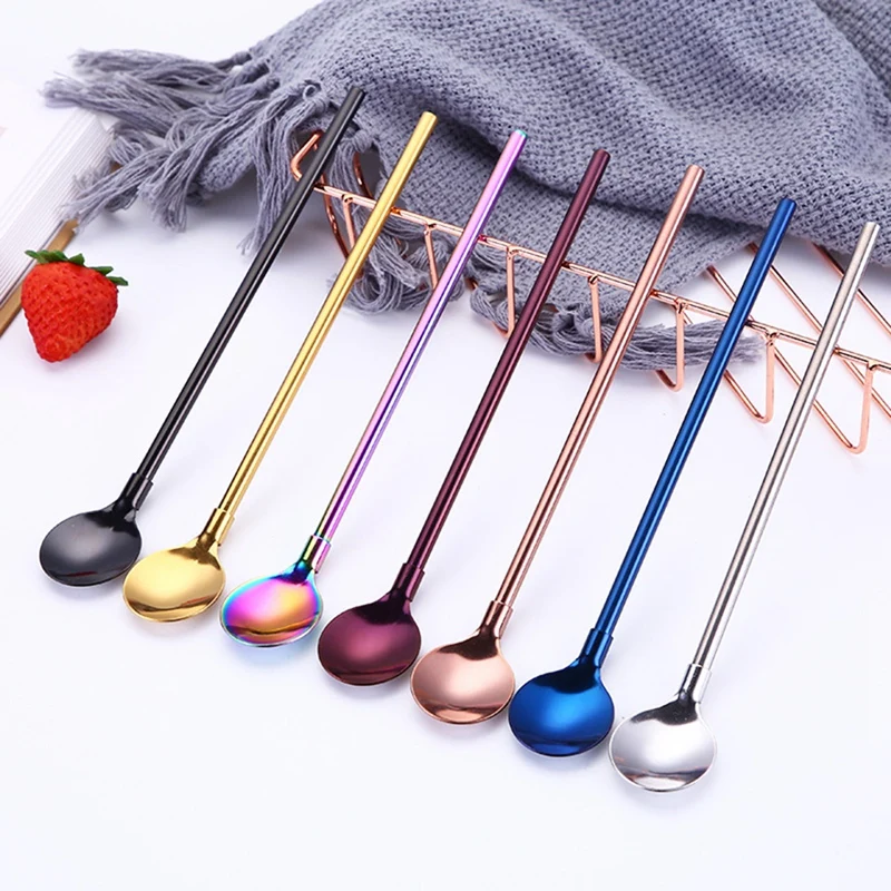 

10 Pcs/Set Straw Spoon Reusable Stainless Steel Drinking Spoons Straw with Brush for freeze Drink Smoothies Sundaes Ice Cream