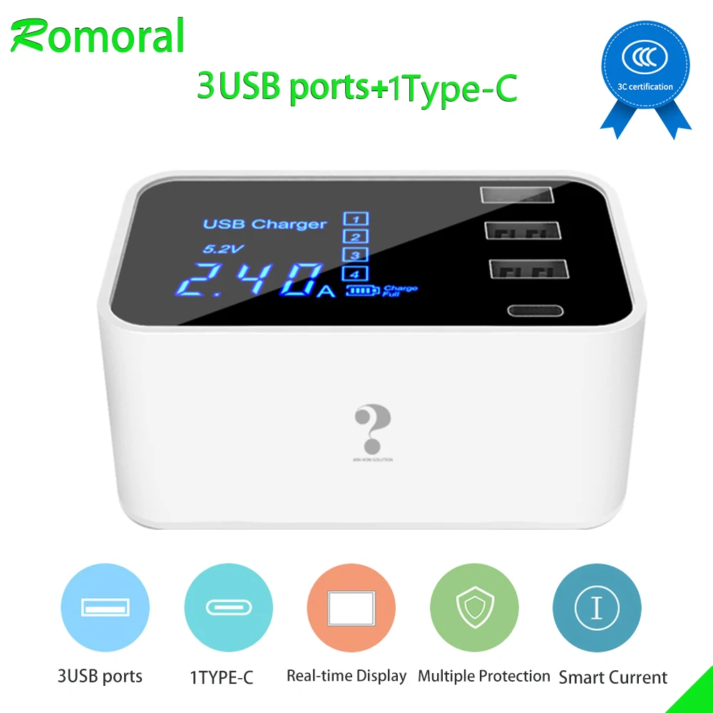 Зарядное устройство USB Type C со светодиодным дисплеем 3 порта USB|Зарядные