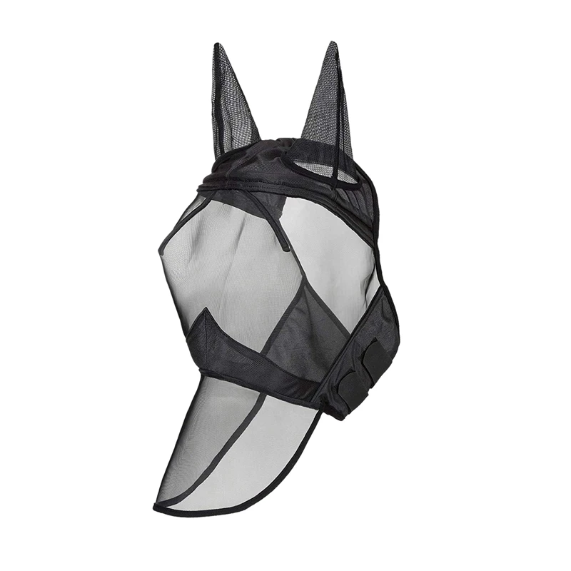 

TOP!-Fly Mask Full Face Horse Mask Fine Mesh Uv Protection with Ears Equine Long Nose Breathable Black