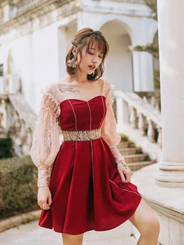 

IRINAMS004 2020SS NEW COLLECTION Lace Long Sleeve Patchwork Short Dress Women