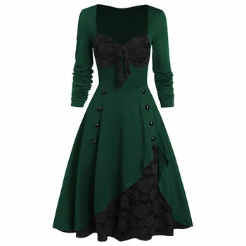 

Hot Halloween Dresses For Women Vintage Dress Palace Black Red Lace Stitching Buttons Long Sleeve Ladies Party Dress