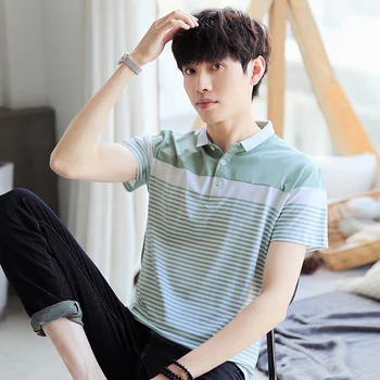 

TFETTERS 2020 Men's T Shirt Summer New Casual Slim Tshirt Stitching Printed Lapel Short Sleeve T-shirt Men's Clothing