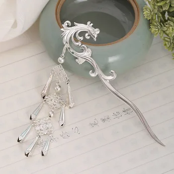 

Chinese Style Costume Hair Jewelry Women Silver Color Hair Pin Phoenix Shape Hair Sticks Long Tassel Pendant Hairpin XH