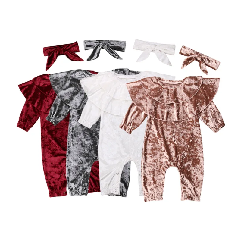 Одежда для маленьких девочек; Одежда для новорожденных из бархата с длинными рукавами и комбинезон с оборками комбинезон купальник комплект одежды