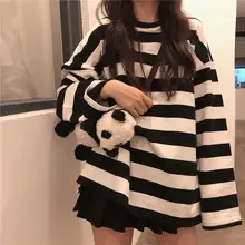 

QWEEK Korean Style Stripe Print T Shirt Fashion 2020 Women Top Oversize Loose Casual Clothing Long Sleeve O-neck Tshirt Women